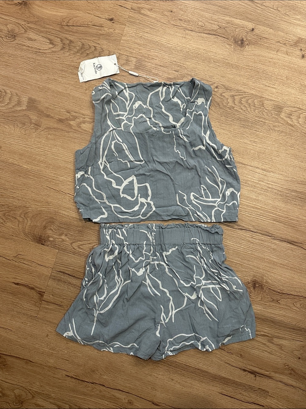 Kaywide Slate-Blue Floral Cropped Tank & Elastic Waist Shorts Set